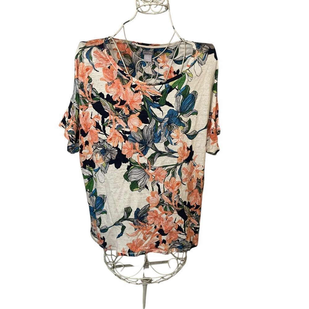 BEAUTIFUL Chico’s MULTICOLORED FLORAL design TOP Chico's short sleeve Shirt blou